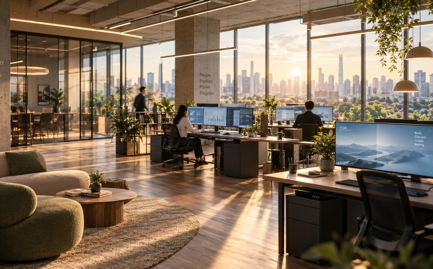 CloudCubic workspace: open-plan desks with monitoring dashboards on screen, a meeting room behind glass, and a city skyline through full-height windows.