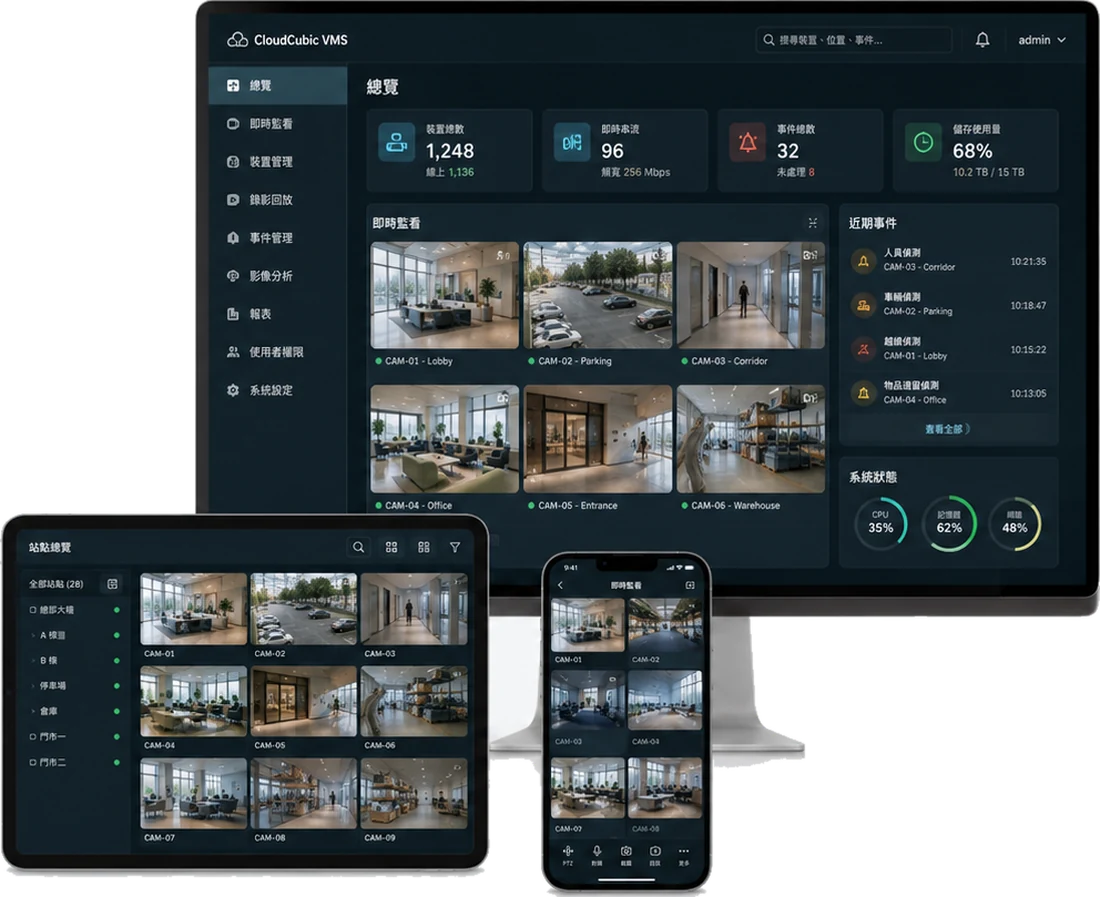 CloudCubic VMS on a desktop monitor, tablet and phone: device overview with live camera tiles, recent events and system status.